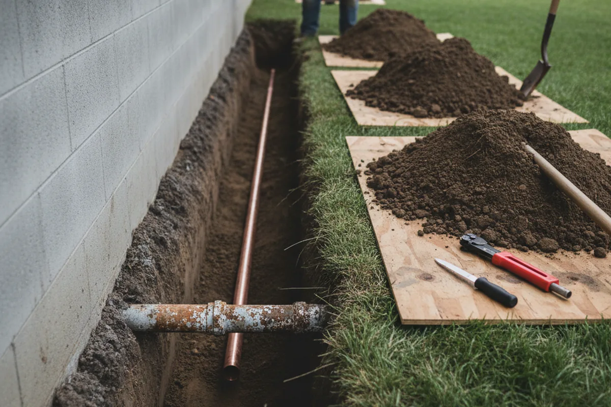 Excavated water line trench during Sewer Line Repair in Creighton